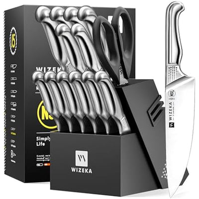 Knife Set, 15 Pcs Kitchen Knife Set with Block Self Sharpening,