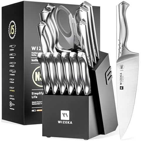 Knife Set, 15 Pcs Kitchen Knife Set with Block Self Sharpening,