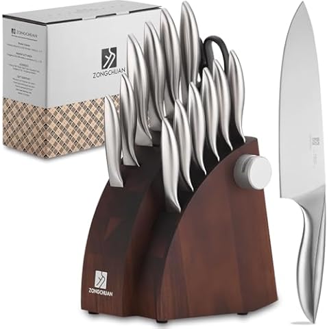 Knife Set, 15 Pcs Kitchen Knife Set with Block Self Sharpening,