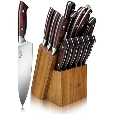 Knife Set, 15 Pcs Kitchen Knife Set with Block Self Sharpening,