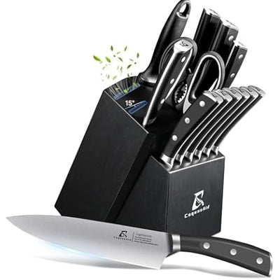 Knife Set, 15 Pcs Kitchen Knife Set with Block Self Sharpening,