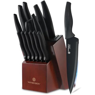 Knife Set, 15 Pcs Kitchen Knife Set with Block Self Sharpening,