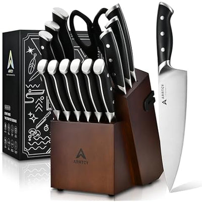 Knife Set, 15 Pcs Kitchen Knife Set with Block Self Sharpening,