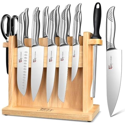 Knife Set, 15 Pcs Kitchen Knife Set with Block Self Sharpening,