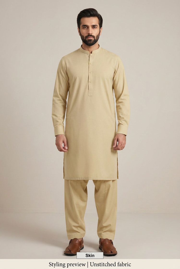 Al Karam Men's Unstitched Premium Cotton Suit - Skin |