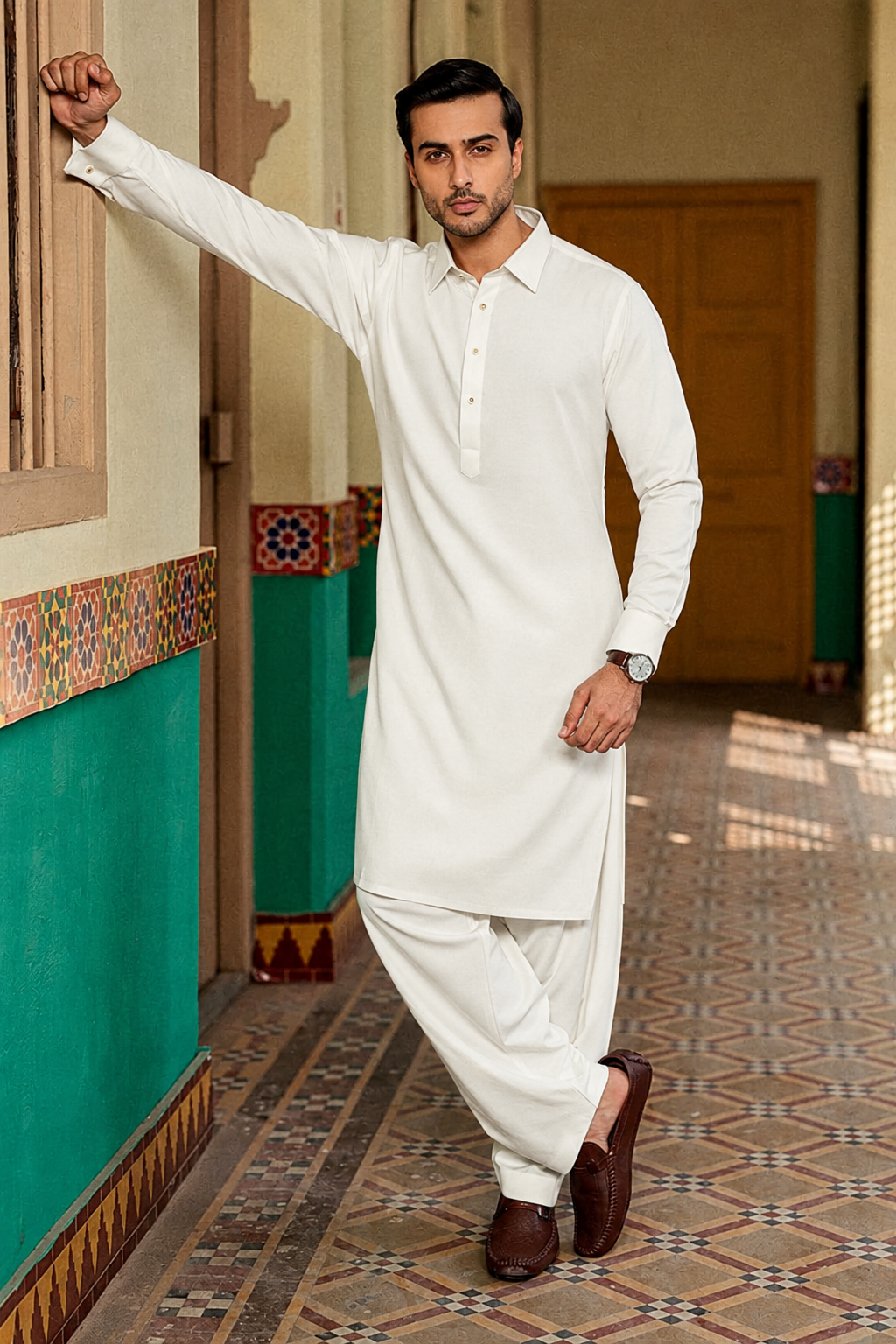 Standing model in Off White Boski